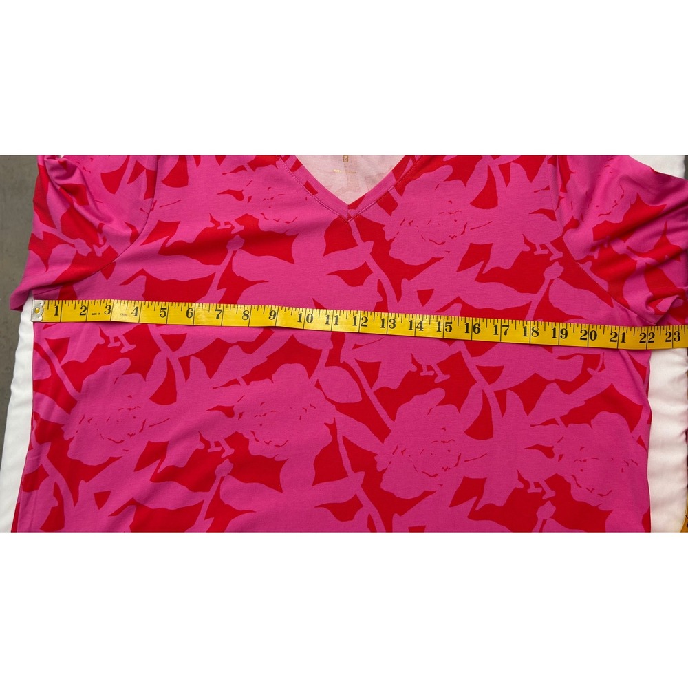 Belle by Kim Gravel Pink Red Floral Leaf V-Neck 3/4 Sleeve Top Large - Picture 6 of 6